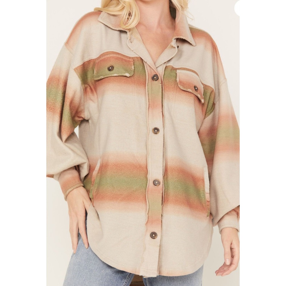 Free People Shacket Plaid Ombre‎ Button Down Oversized Shirt Jacket Women's XL - Picture 2 of 13